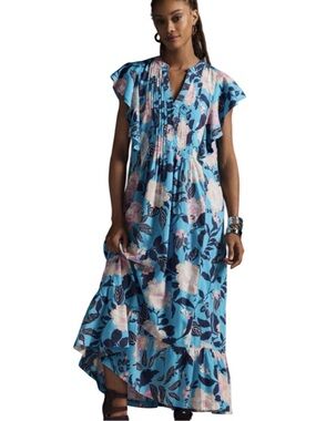 Mauve by Anthropologie Flutter Sleeve Blue Floral Midi Dress